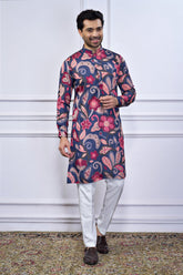 Blue Silk Floral Printed Kurta Pajama